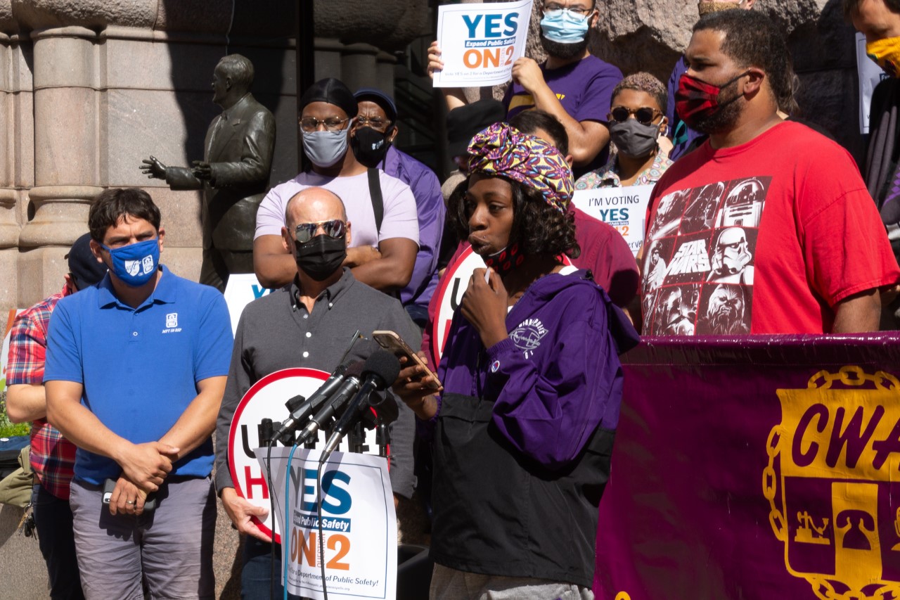 Lexi Collins, CTUL board member, speaking at a Yes4Minneapolis press conference on September 10th 2021.